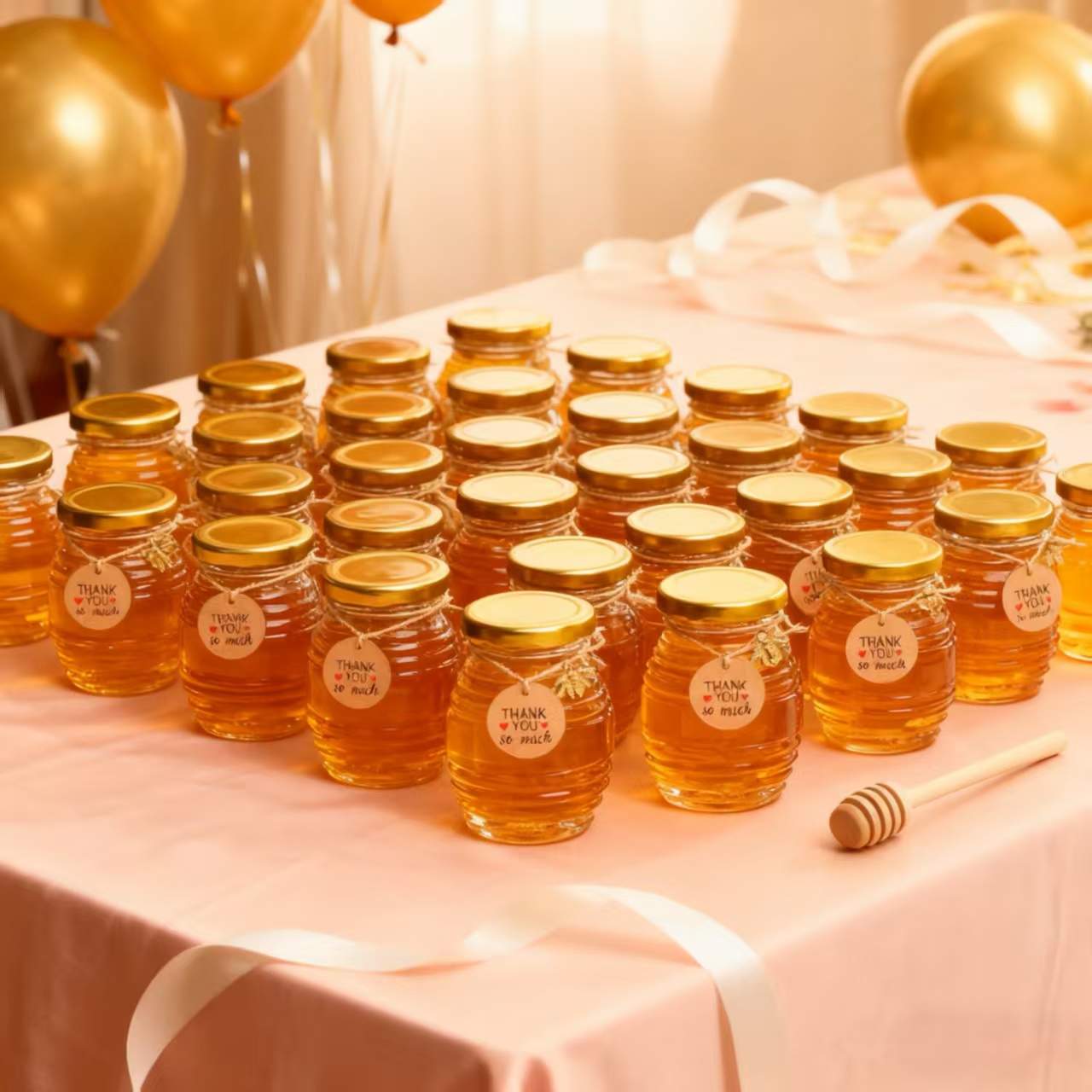 Baby Food Jars With Lids - 12個入り、24個入り、36個入り - 70mlのミニガラス製ハニージャーセット。丸型のガラス製ハニージャー、金色の蓋が付いた密閉式のガラス瓶。付属品には、金色の蜂の置物、木製のスプーン、麻ひも、そして「お礼」のメッセージカードが含まれます。ベビーシャワー、結婚式、誕生日パーティーのギフトに最適です。