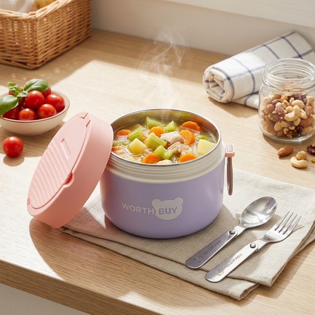 Baby Food Warmer - 304ステンレス製保温ランチボックス 子供用学校弁当箱 電子レンジ対応食品保存容器 密閉型スープサーモス カトラリー付き